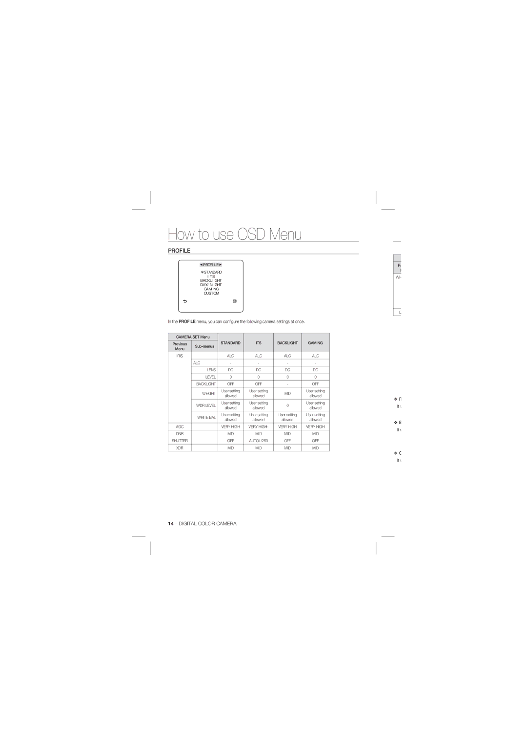 Samsung SCC-B1031P, SCC-B1331P user manual Profile, White BAL 