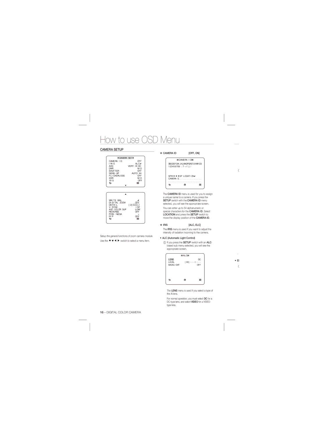 Samsung SCC-B1331P, SCC-B1031P user manual Camera Setup, Iris 