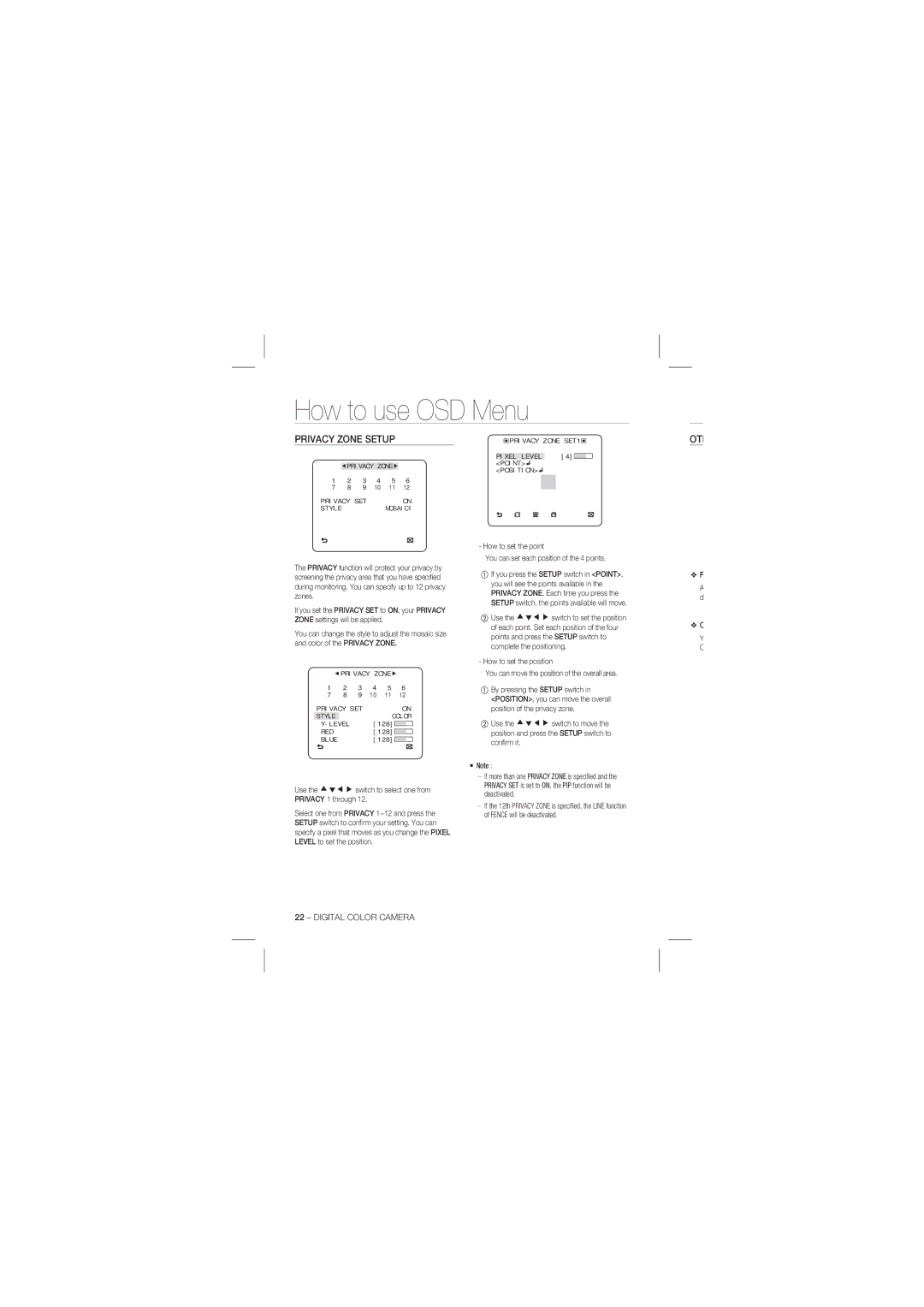 Samsung SCC-B1331P, SCC-B1031P user manual Privacy Zone Setup, Oth, Use the cdef switch to select one from Privacy 1 through 