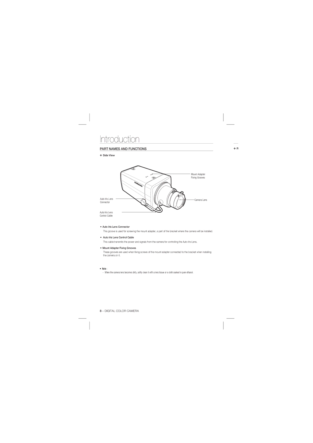 Samsung SCC-B1331, SCC-B1031P Part Names and Functions, Side View Mount Adapter Fixing Grooves Auto Iris Lens, Connector 