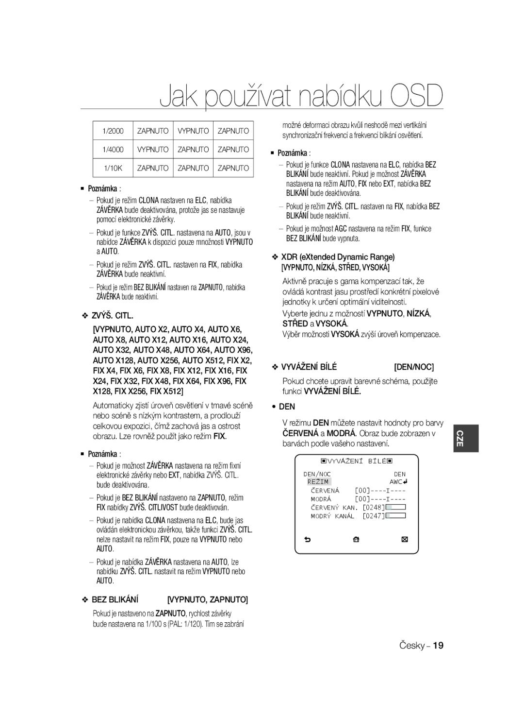 Samsung SCC-B1331P, SCC-B1031P, SCC-B1331BP manual ZVÝŠ. Citl, BEZ Blikání, VYPNUTO, NÍZKÁ, STŘED, Vysoká, Vyvážení Bílé, Den 