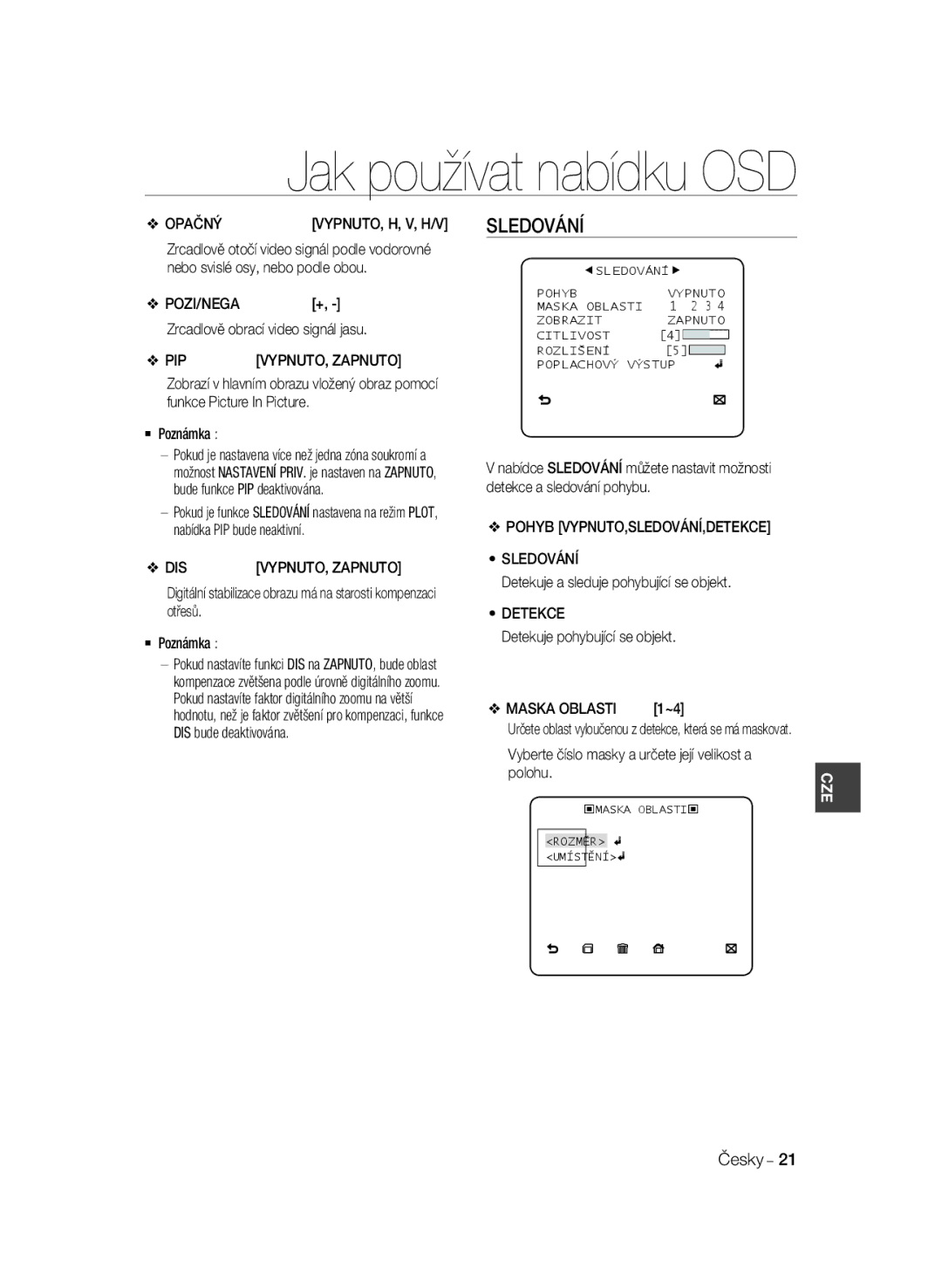 Samsung SCC-B1311P, SCC-B1031P, SCC-B1331P, SCC-B1331BP, SCC-B1031BP manual Sledování, Opačnývypnuto, H, V, H/V, Detekce 