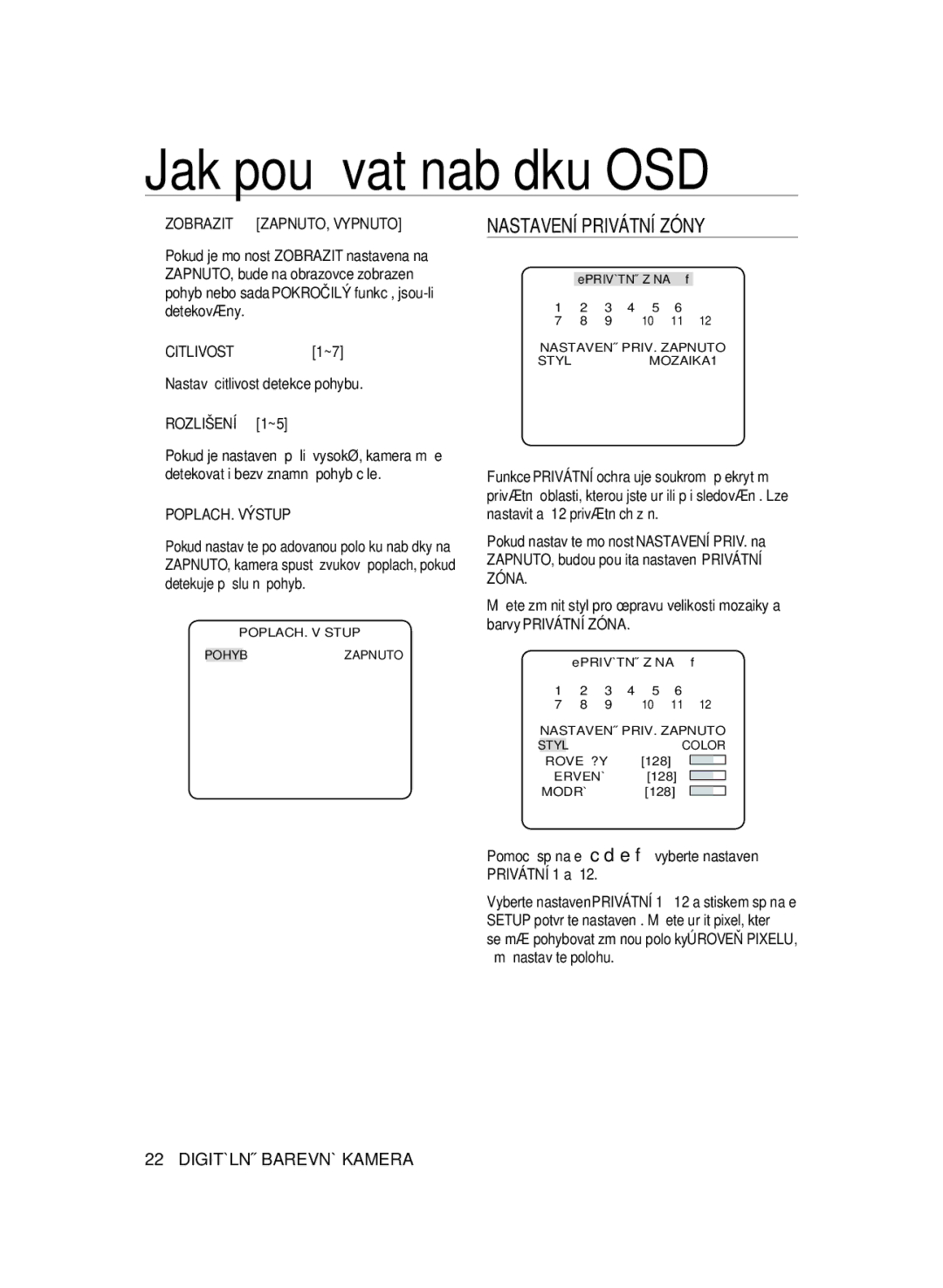 Samsung SCC-B1031BP manual Nastavení Privátní Zóny, Zobrazit ZAPNUTO, Vypnuto, Citlivost, Rozlišení 1~5, POPLACH. Výstup 