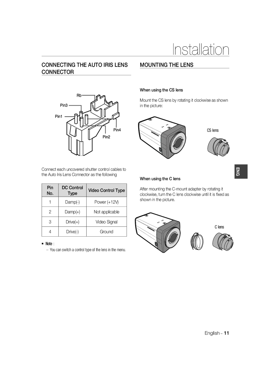 Samsung SCC-B1331P, SCC-B1031P, SCC-B1331BP, SCC-B1311P, SCC-B1031BP manual Mounting the Lens, Connector 