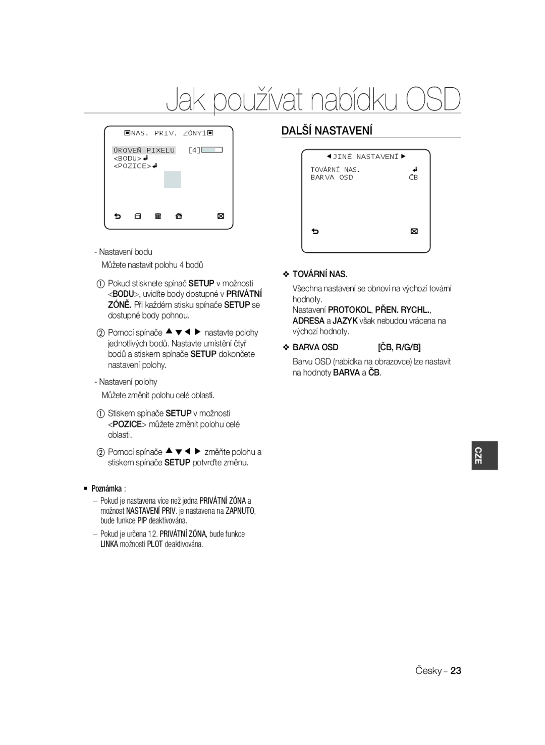 Samsung SCC-B1031P, SCC-B1331P manual Další Nastavení, Nastavení bodu Můžete nastavit polohu 4 bodů, Tovární NAS, Barva OSD 