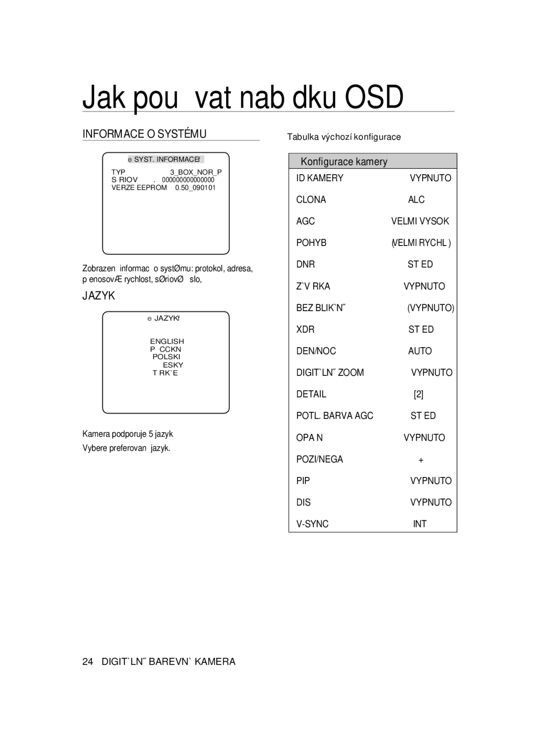 Samsung SCC-B1331P, SCC-B1031P, SCC-B1331BP, SCC-B1311P, SCC-B1031BP manual Informace O Systému, Jazyk 