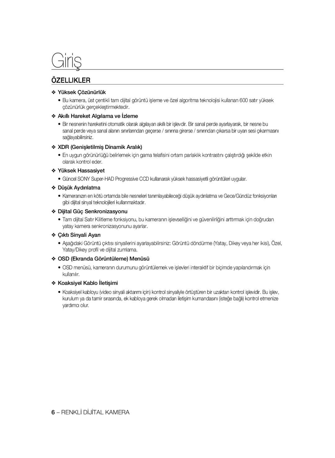 Samsung SCC-B1331BP, SCC-B1031P, SCC-B1331P, SCC-B1311P, SCC-B1031BP manual Giriş, Özellikler 