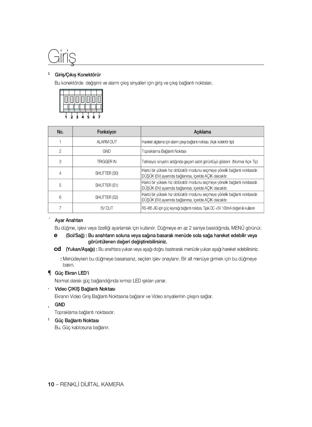 Samsung SCC-B1331P, SCC-B1031P manual Ayar Anahtarı, Görüntülenen değeri değiştirebilirsiniz, Topraklama Bağlantı Noktası 