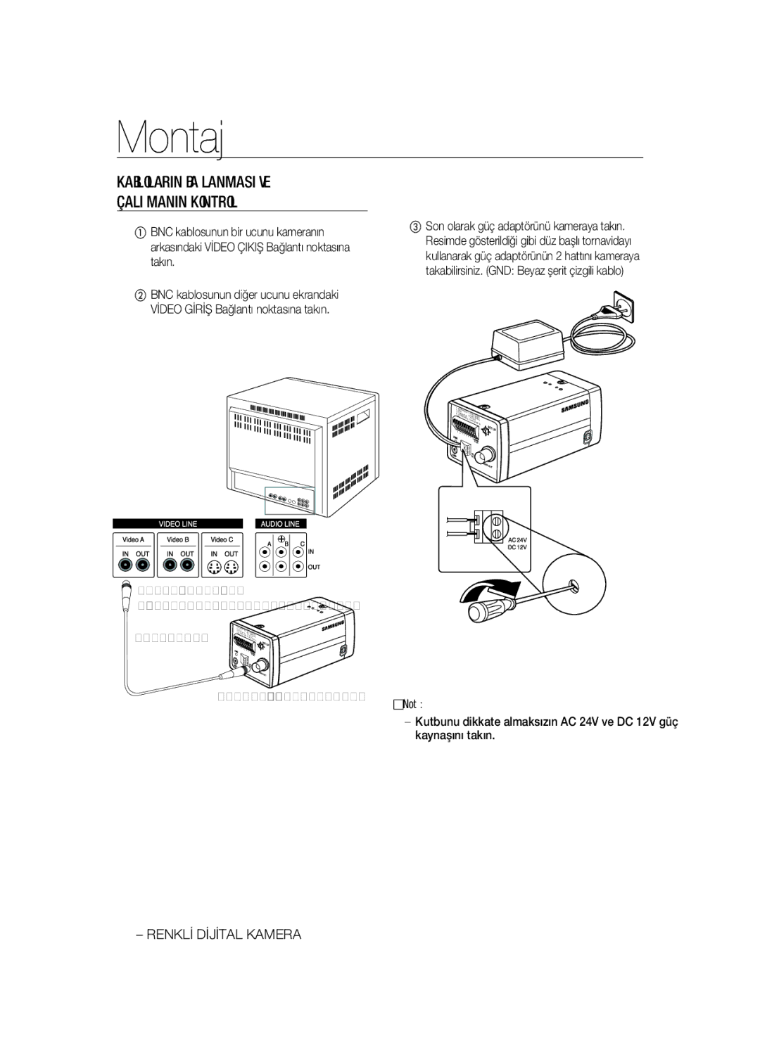 Samsung SCC-B1311P, SCC-B1031P, SCC-B1331P, SCC-B1331BP, SCC-B1031BP manual Kablolarin Bağlanmasi VE Çalişmanin Kontrolü 