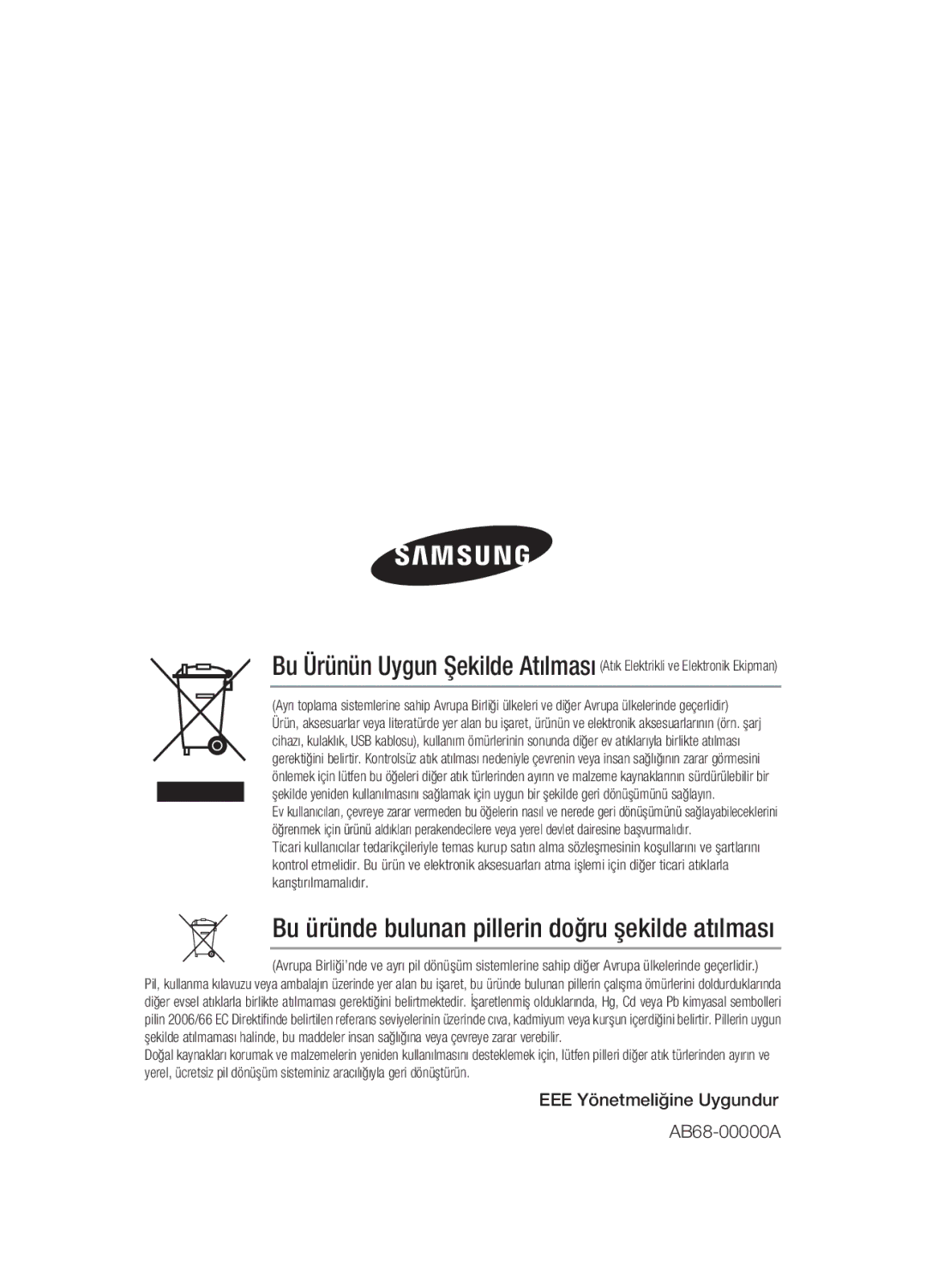 Samsung SCC-B1031P, SCC-B1331P, SCC-B1331BP, SCC-B1311P, SCC-B1031BP manual Bu üründe bulunan pillerin doğru şekilde atılması 