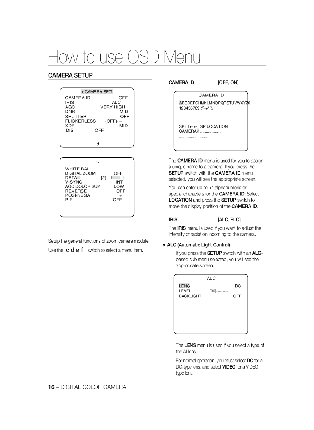 Samsung SCC-B1331P manual Camera Setup, Iris, Lens menu is used if you select a type of the AI lens, Camera ID, Alc, Elc 