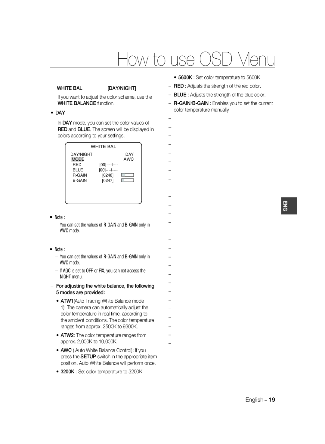 Samsung SCC-B1031BP manual White BAL, Modes are provided, Day/Night, For adjusting the white balance, the following 