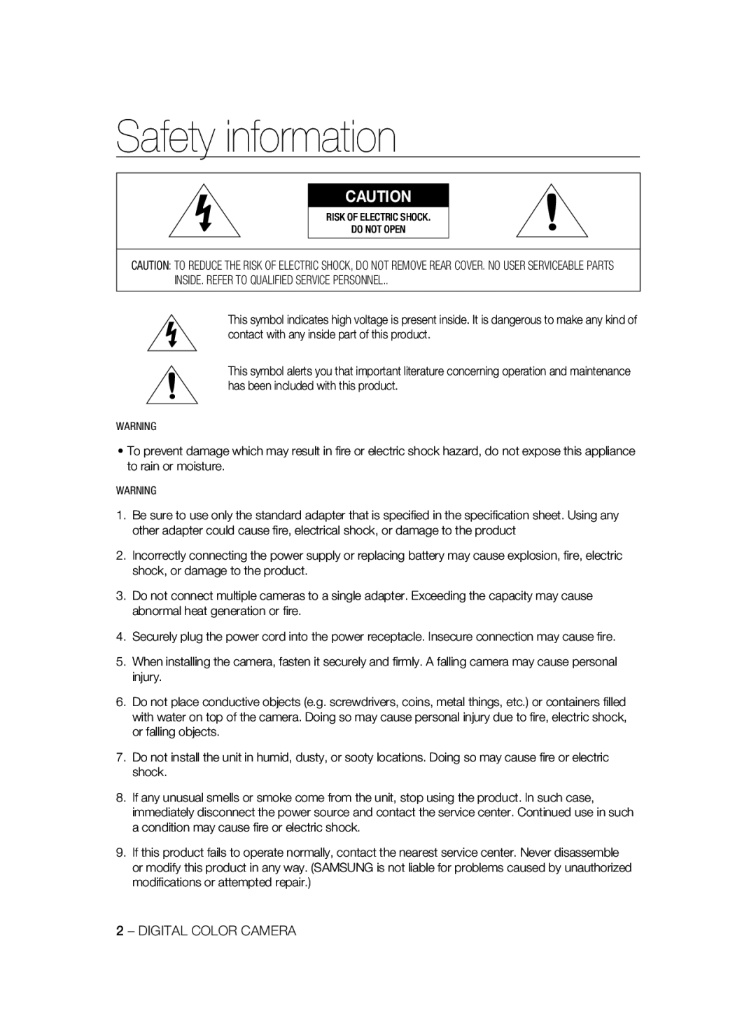 Samsung SCC-B1331BP, SCC-B1031P, SCC-B1331P Safety information, Digital Color Camera, Risk of Electric Shock Do not Open 