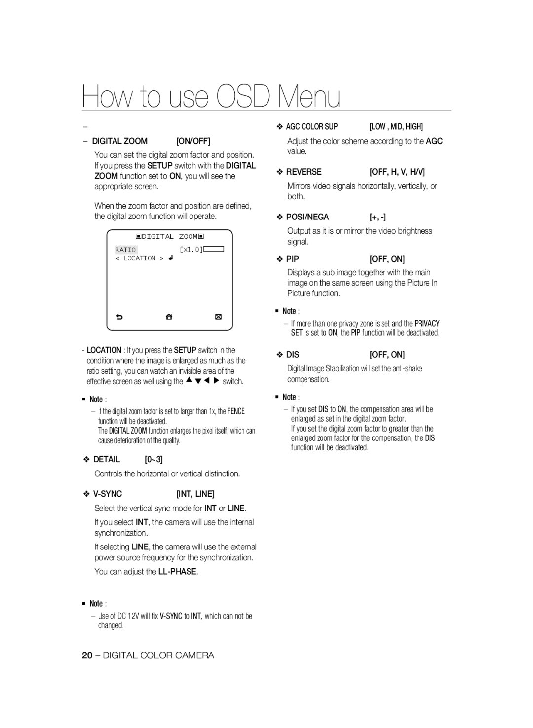 Samsung SCC-B1031P, SCC-B1331P, SCC-B1331BP, SCC-B1311P, SCC-B1031BP manual Digital Zoom, AGC Color SUP, Reverse, Posi/Nega 