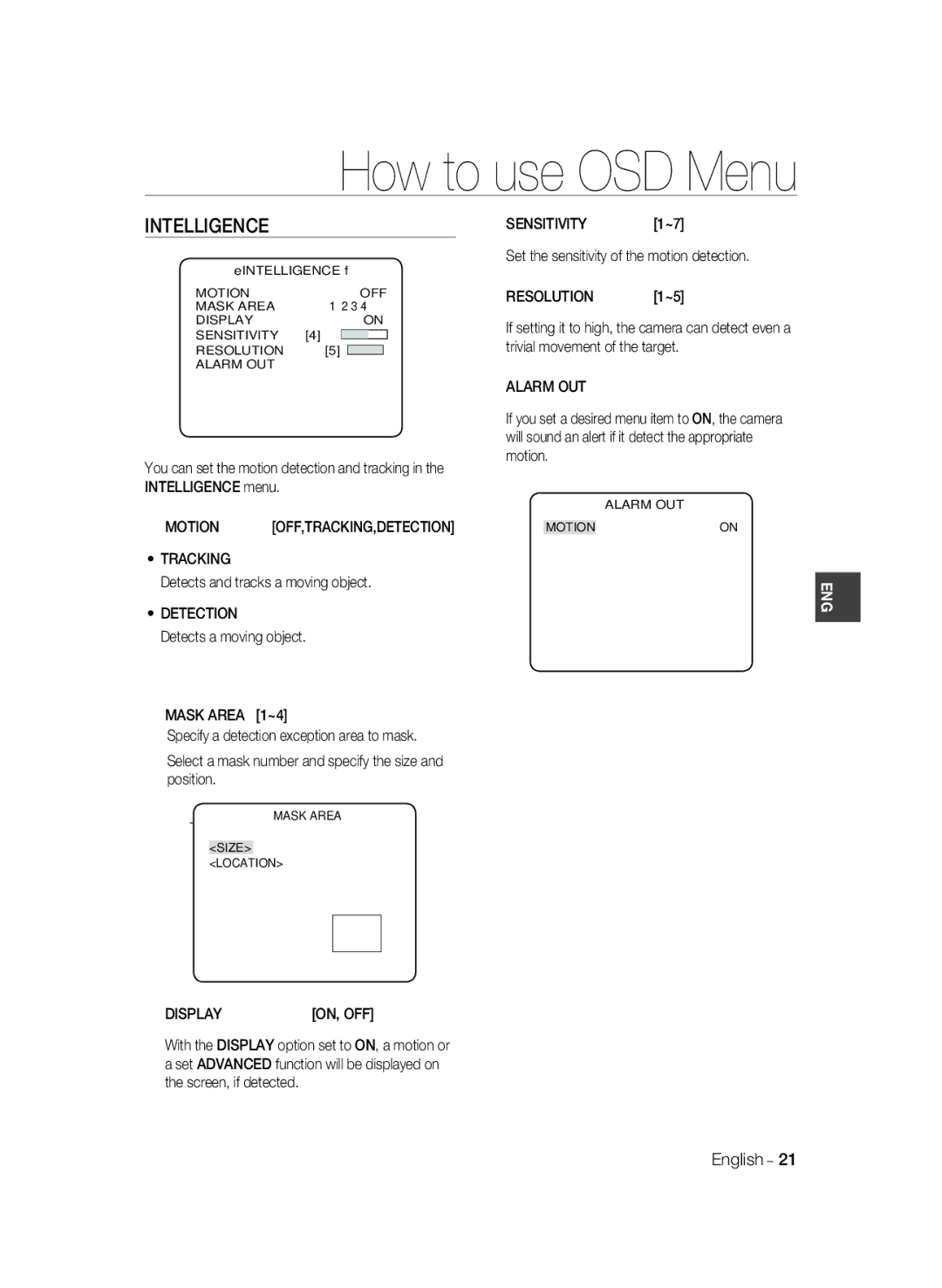 Samsung SCC-B1331P, SCC-B1031P, SCC-B1331BP, SCC-B1311P, SCC-B1031BP manual Motion, Tracking, Detection, Display 