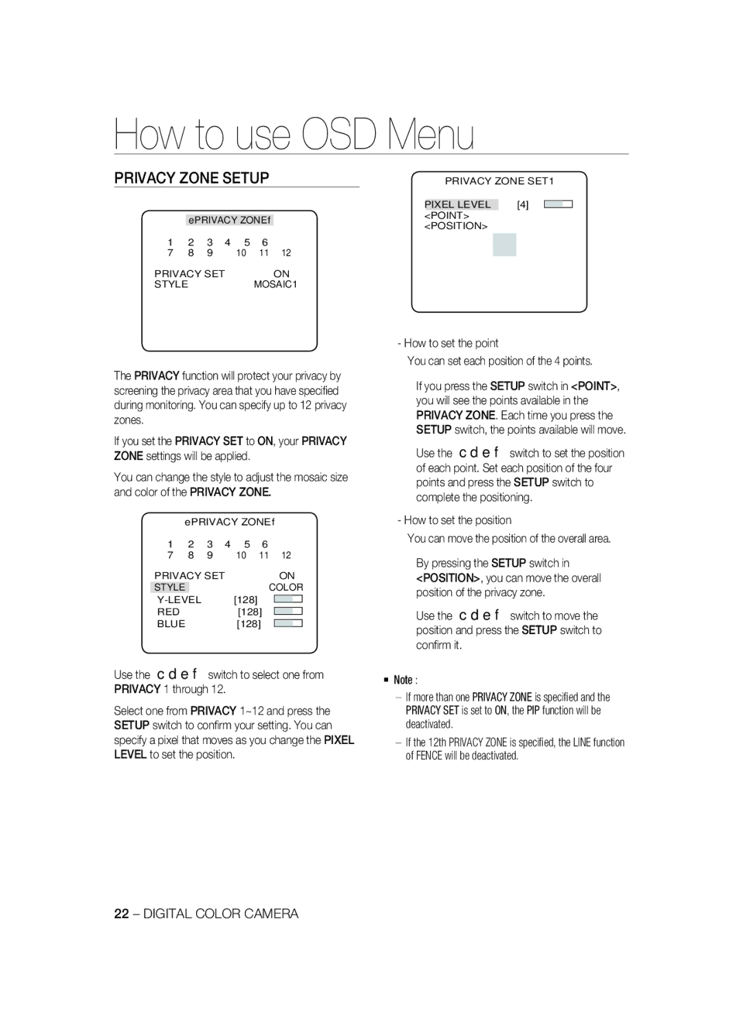 Samsung SCC-B1331BP, SCC-B1031P, SCC-B1331P Privacy Zone Setup, Use the cdef switch to select one from Privacy 1 through 