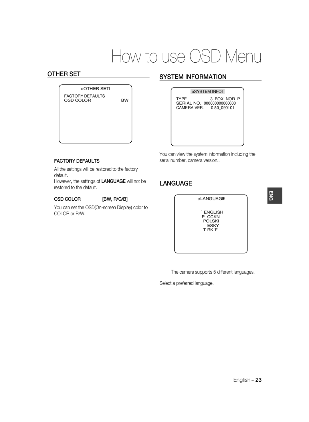 Samsung SCC-B1311P, SCC-B1031P, SCC-B1331P, SCC-B1331BP Other SET, System Information, Language, Factory Defaults, OSD Color 