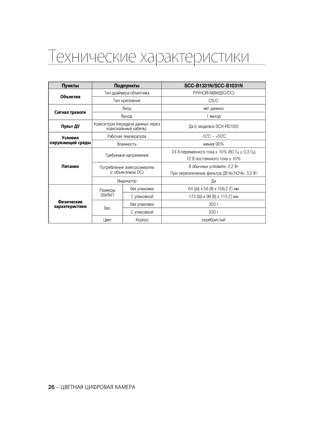 Samsung SCC-B1031P, SCC-B1331P, SCC-B1331BP, SCC-B1311P, SCC-B1031BP manual 26 Цветная Цифровая Камера, Объективом DC 