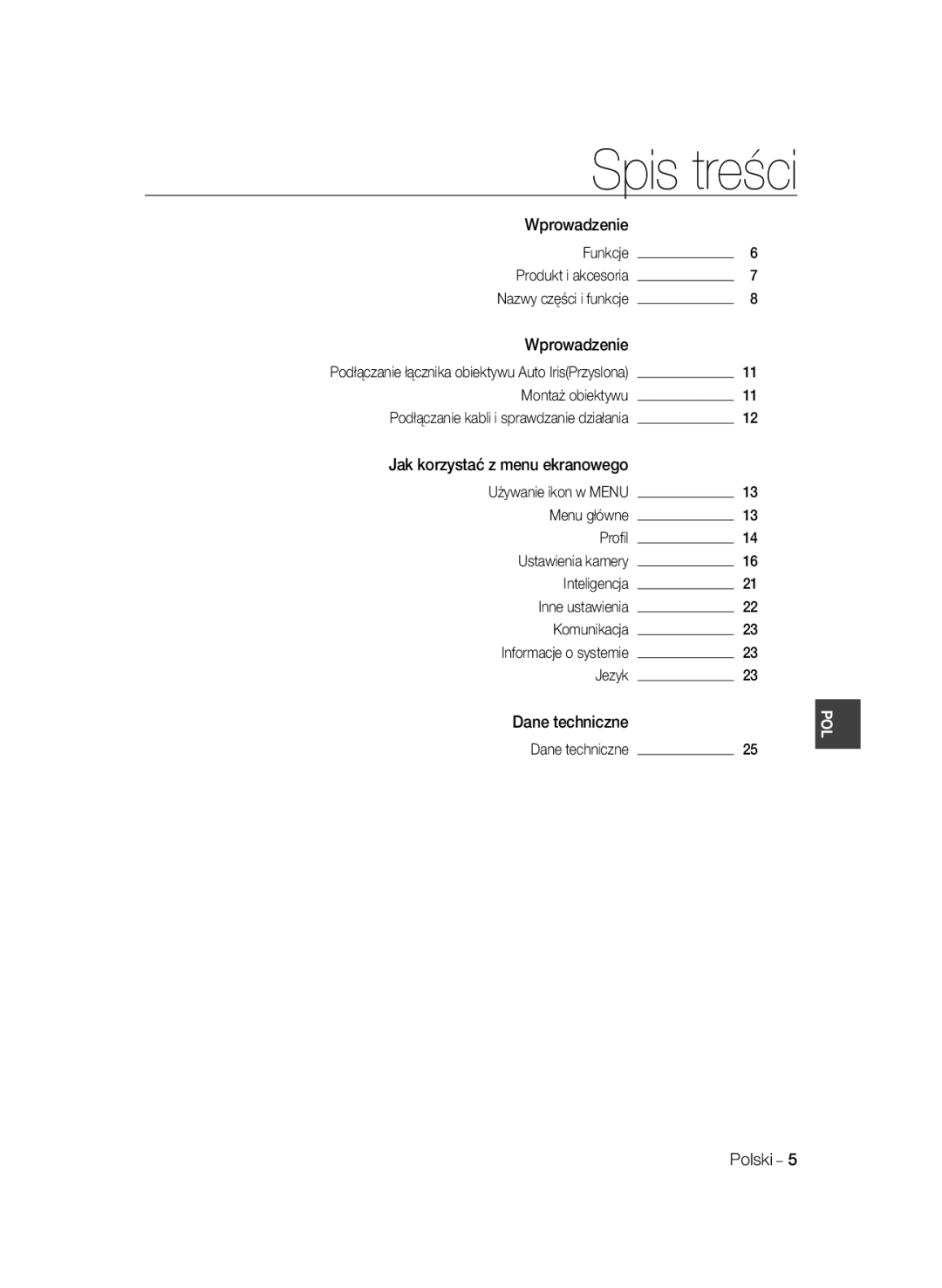 Samsung SCC-B1311P, SCC-B1031P, SCC-B1331P, SCC-B1331BP, SCC-B1031BP manual Spis treści 