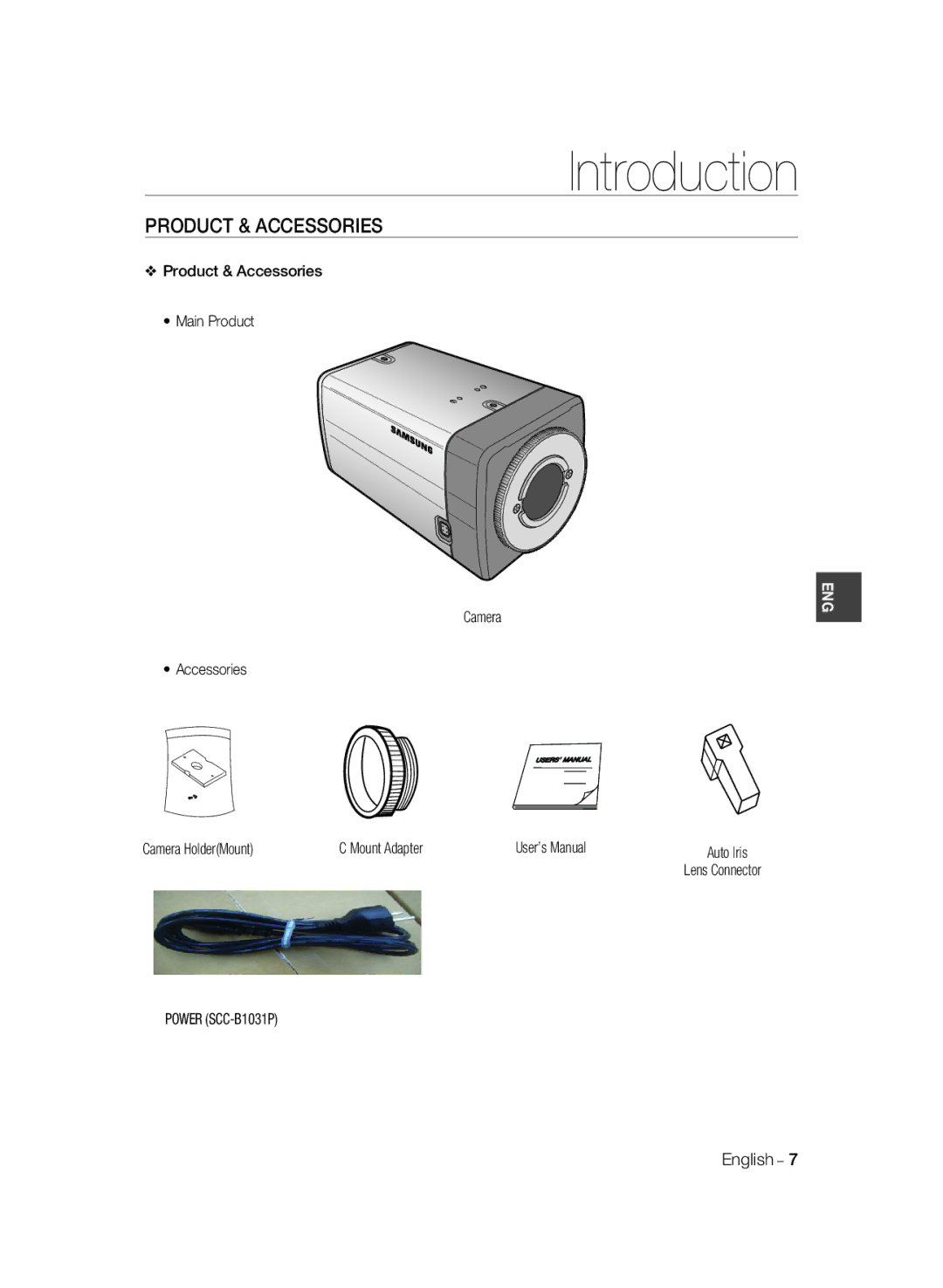 Samsung SCC-B1331BP manual Product & Accessories Main Product Camera, Camera HolderMount Mount Adapter User’s Manual 