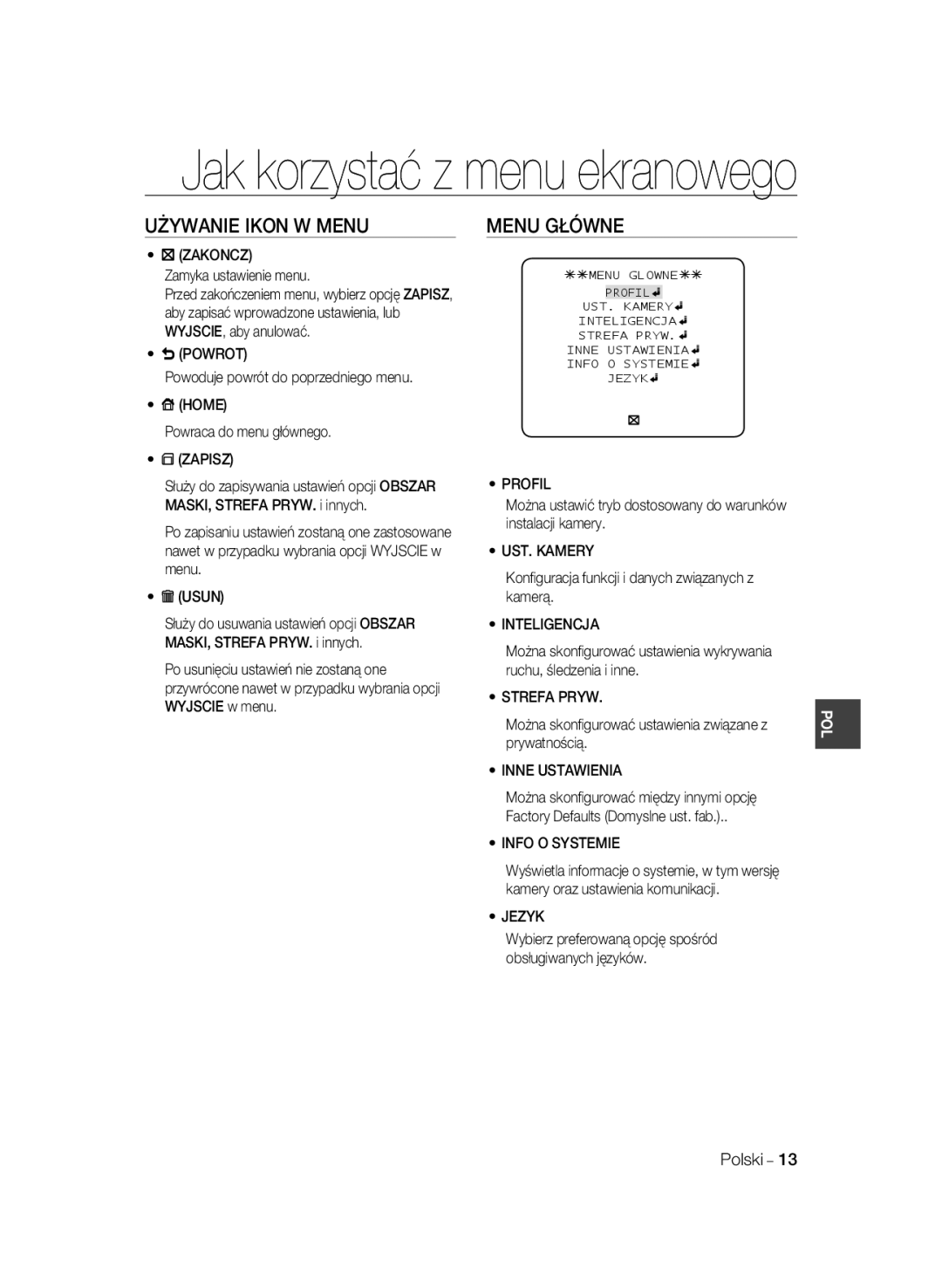 Samsung SCC-B1331P, SCC-B1031P, SCC-B1331BP, SCC-B1311P, SCC-B1031BP manual Używanie Ikon W Menu, Menu Główne 