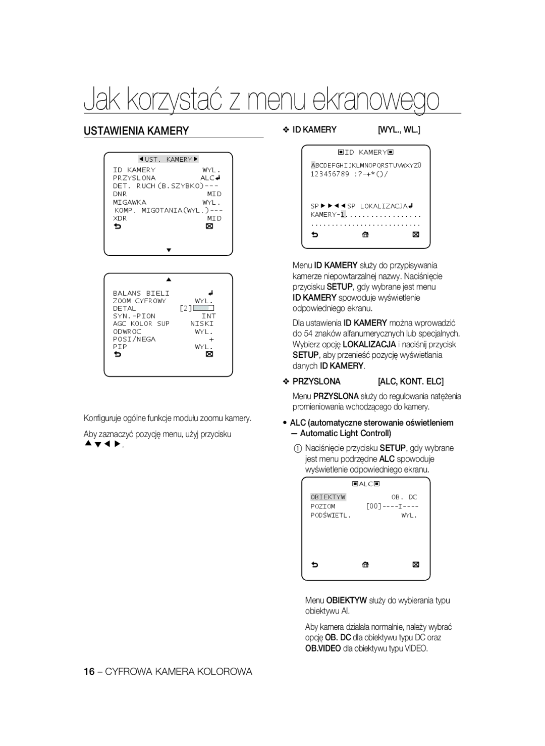 Samsung SCC-B1031BP, SCC-B1031P manual Ustawienia Kamery, Aby zaznaczyć pozycję menu, użyj przycisku, Przyslona, ID Kamery 