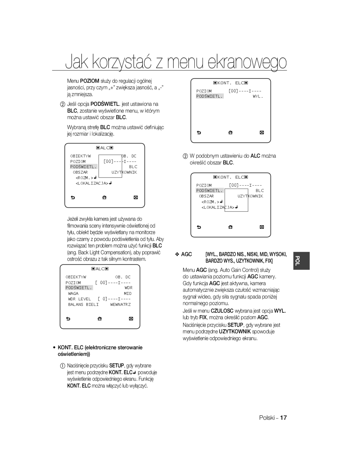 Samsung SCC-B1031P, SCC-B1331P manual KONT. ELC elektroniczne sterowanie oświetleniem, Menu AGC ang. Auto Gain Control służy 