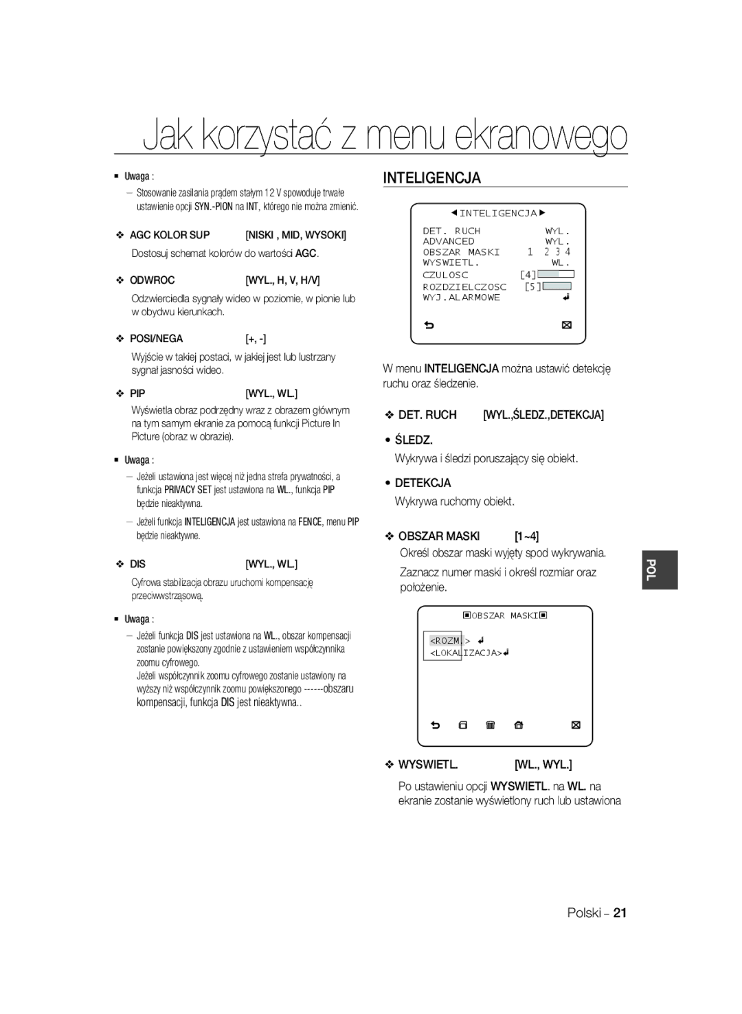 Samsung SCC-B1031BP, SCC-B1031P, SCC-B1331P, SCC-B1331BP, SCC-B1311P manual Inteligencja, Śledz, Detekcja, Wyswietl 