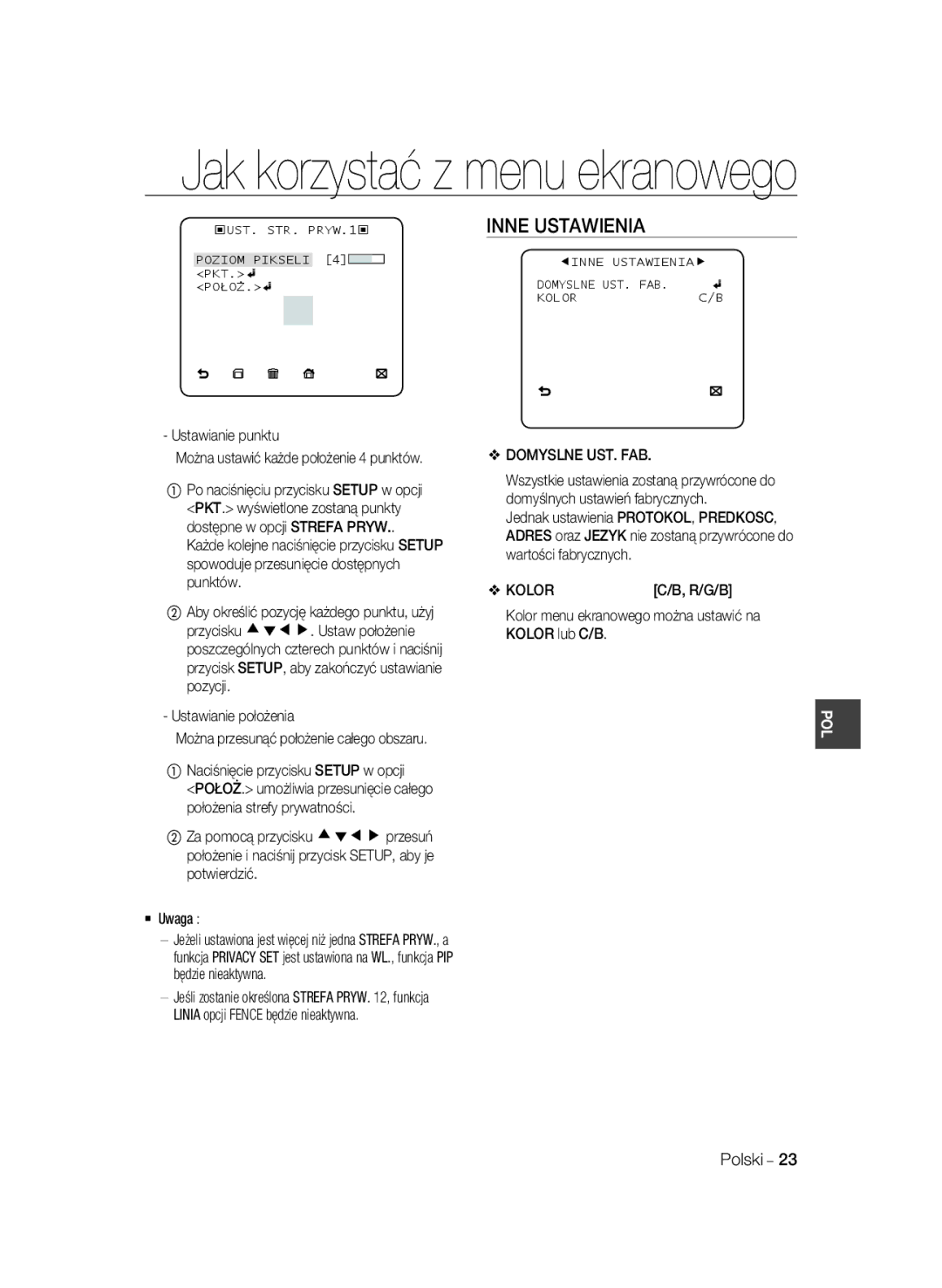 Samsung SCC-B1331P, SCC-B1031P, SCC-B1331BP, SCC-B1311P, SCC-B1031BP manual Inne Ustawienia, Domyslne UST. FAB, Kolor 