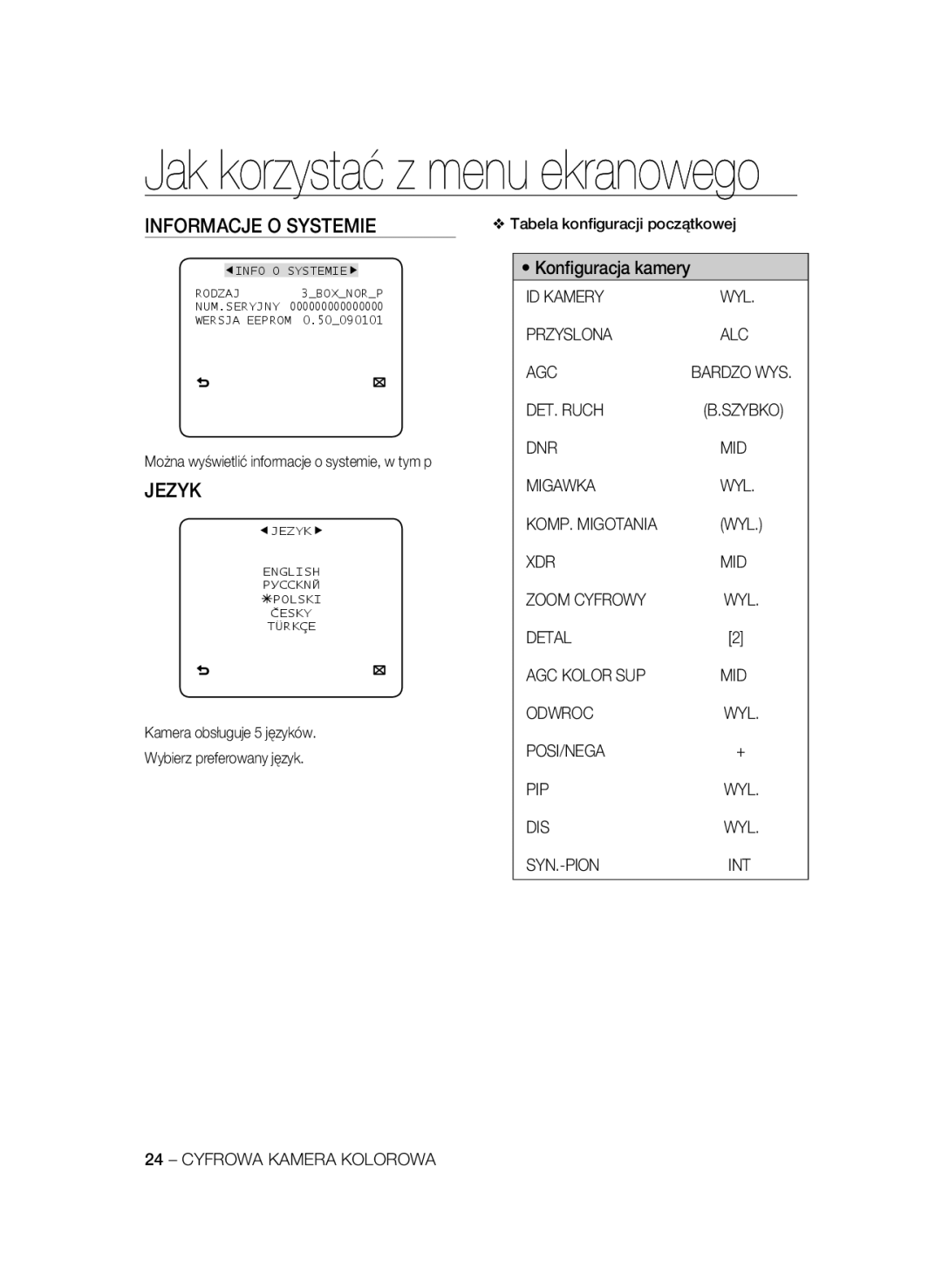 Samsung SCC-B1331BP, SCC-B1031P, SCC-B1331P, SCC-B1311P, SCC-B1031BP manual Informacje O Systemie, Jezyk 