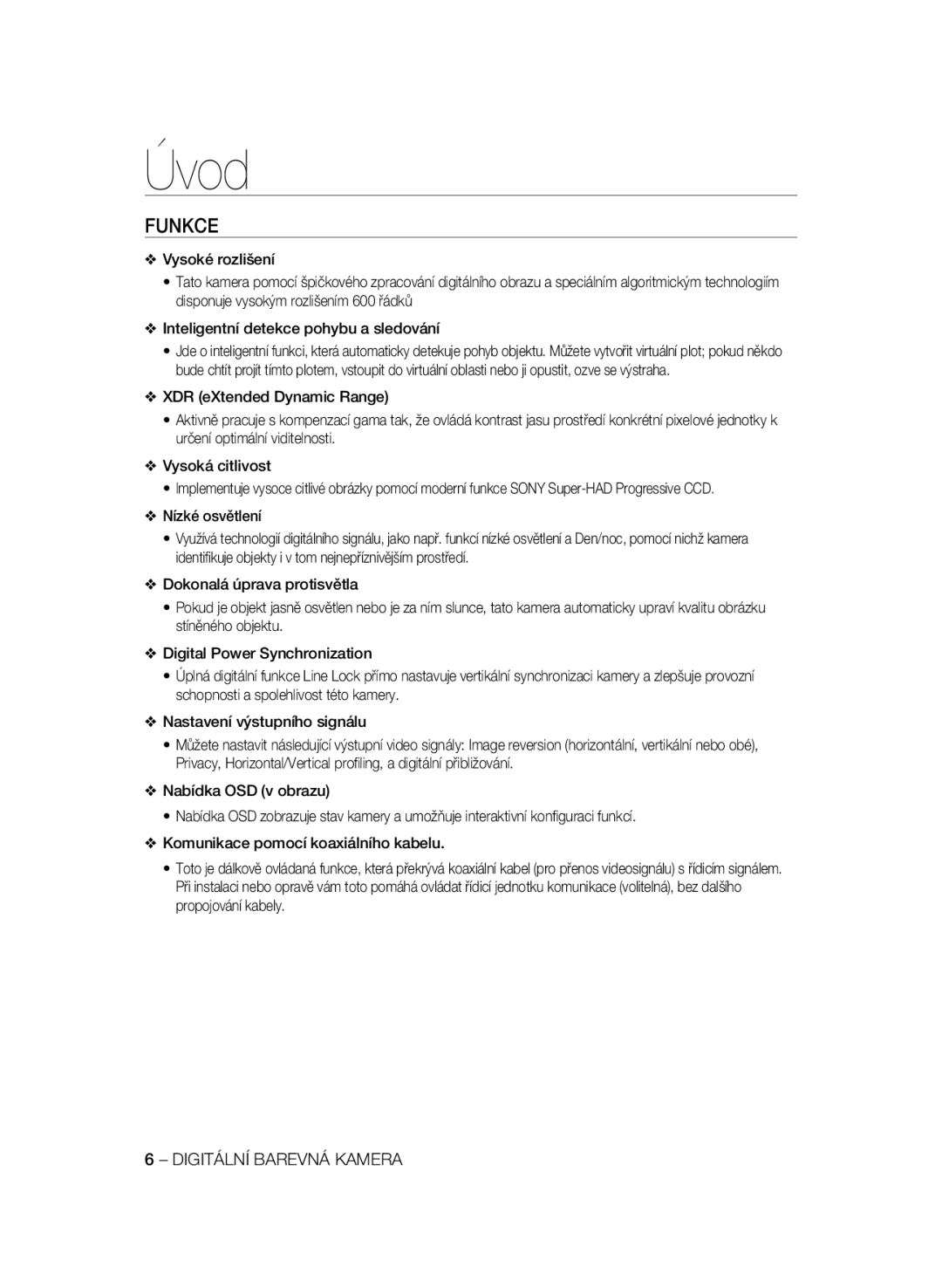 Samsung SCC-B1311P, SCC-B1031P, SCC-B1331P, SCC-B1331BP, SCC-B1031BP manual Úvod, Funkce, Nízké osvětlení 