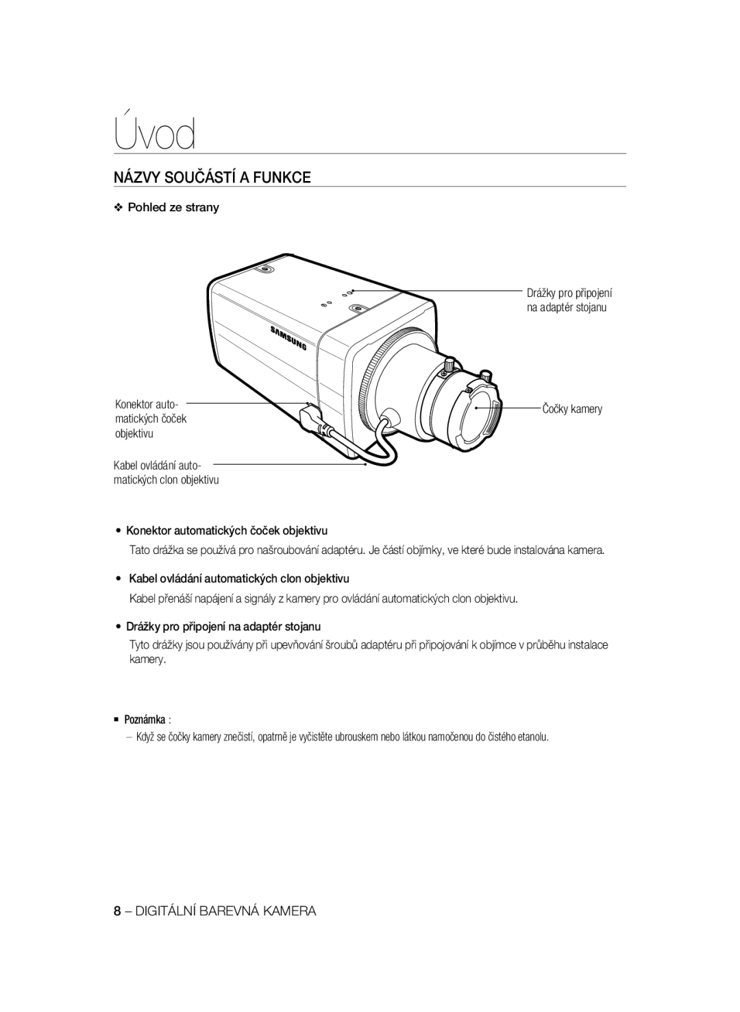 Samsung SCC-B1031P, SCC-B1331P, SCC-B1331BP manual Názvy Součástí a Funkce, Pohled ze strany, Konektor auto, Matických čoček 