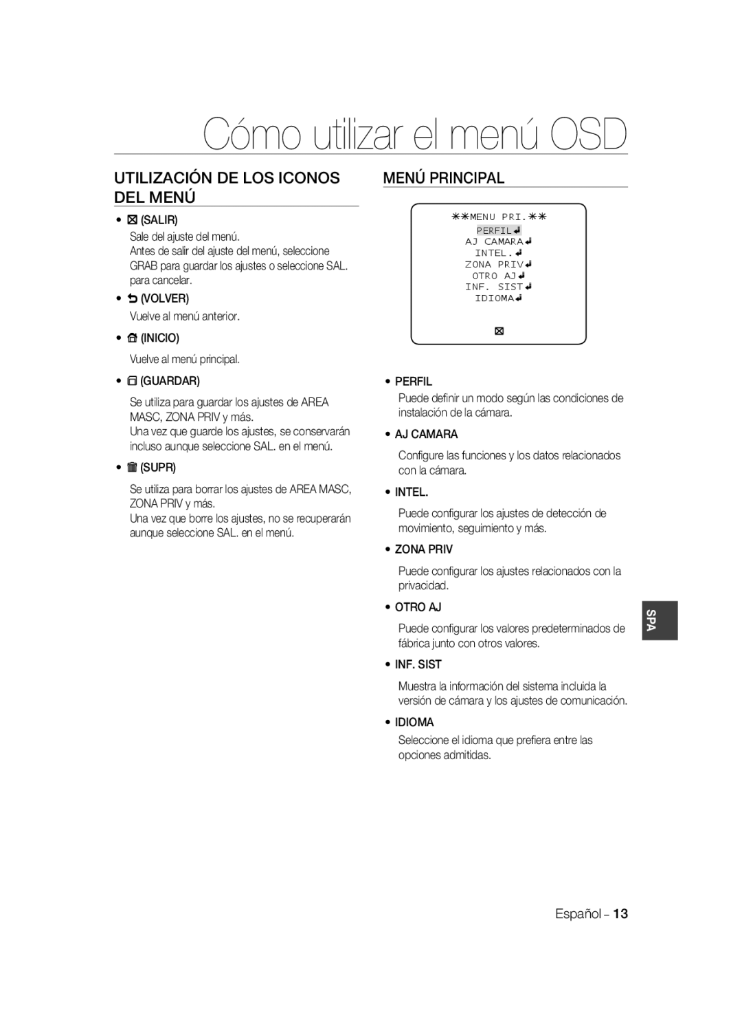 Samsung SCC-B1031P, SCC-B1331P, SCC-B1331BP, SCC-B1311P, SCC-B1031BP manual Utilización DE LOS Iconos DEL Menú, Menú Principal 