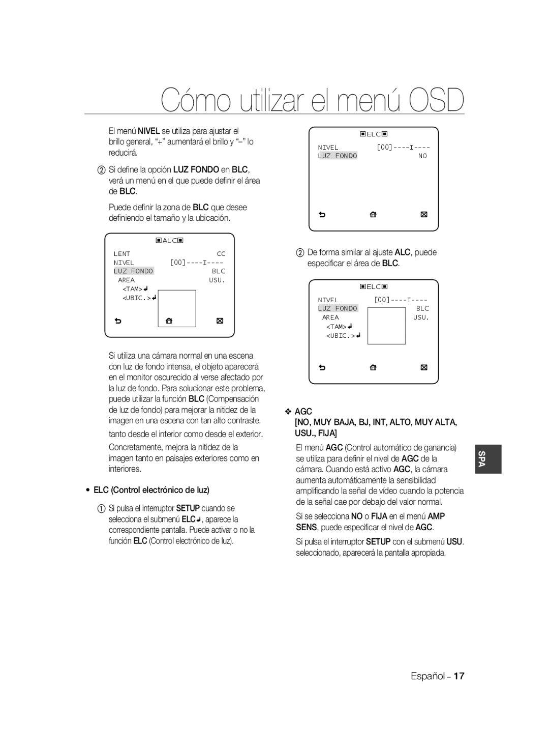 Samsung SCC-B1031BP manual USU., Fija, Aumenta automáticamente la sensibilidad, SENS, puede especiﬁcar el nivel de AGC 