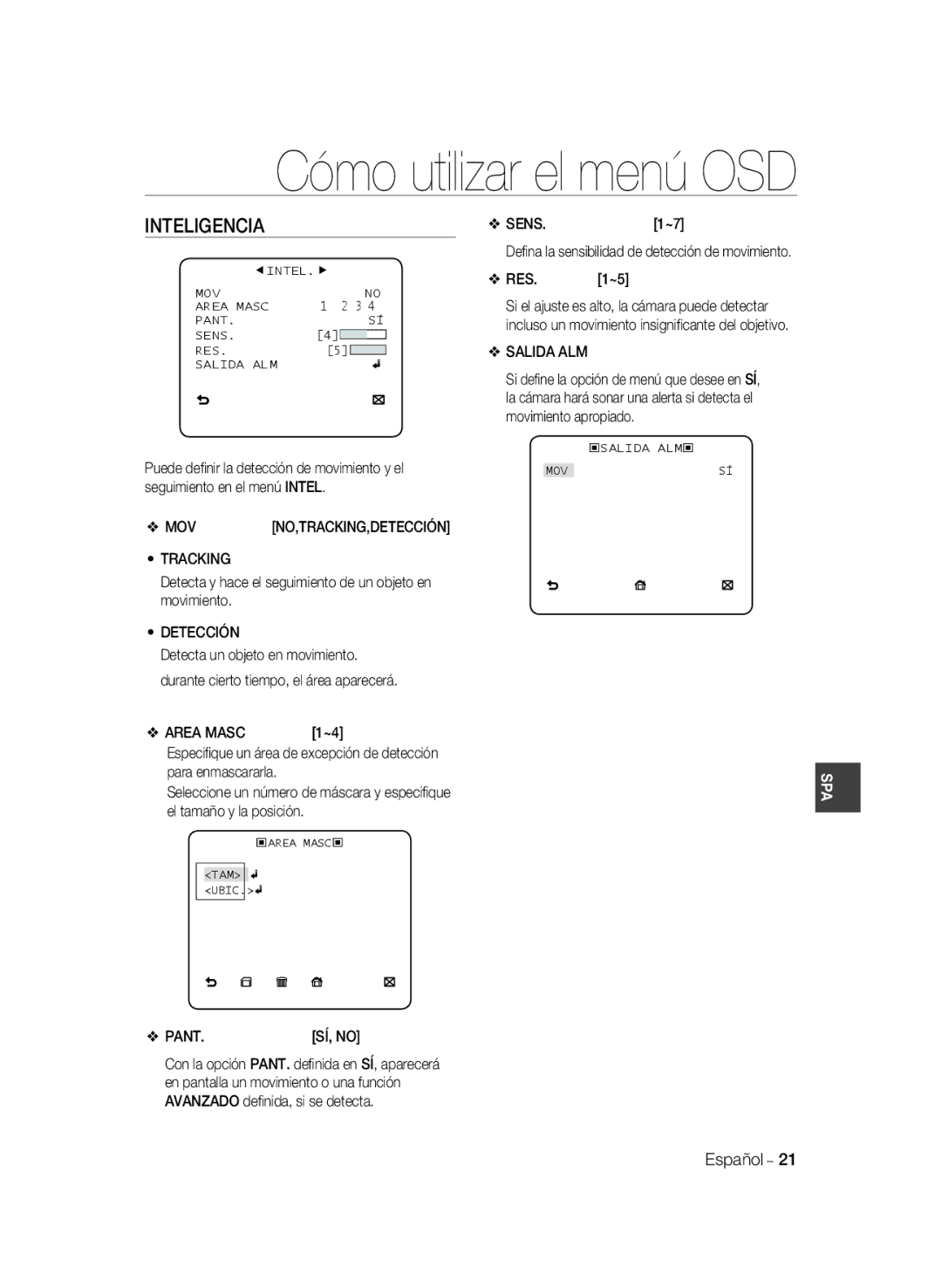 Samsung SCC-B1311P, SCC-B1031P, SCC-B1331P, SCC-B1331BP, SCC-B1031BP Inteligencia, Detección, Salida ALM, Area Masc, Pant 