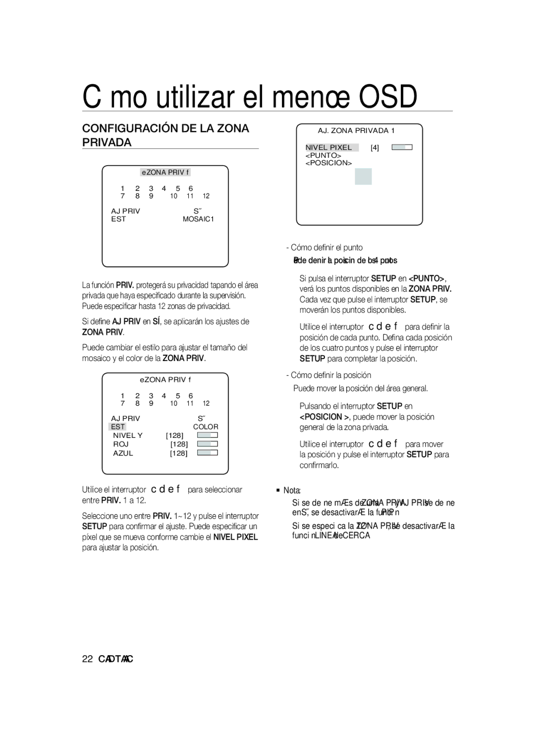 Samsung SCC-B1031BP manual Configuración DE LA Zona Privada, Utilice el interruptor cdef para seleccionar entre Priv a 