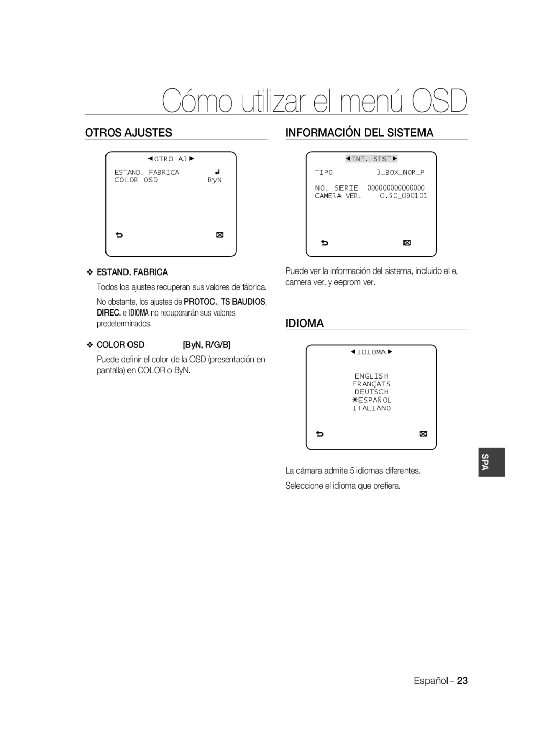 Samsung SCC-B1031P, SCC-B1331P, SCC-B1331BP, SCC-B1311P, SCC-B1031BP manual Otros Ajustes, Idioma, ESTAND. Fabrica, Color OSD 