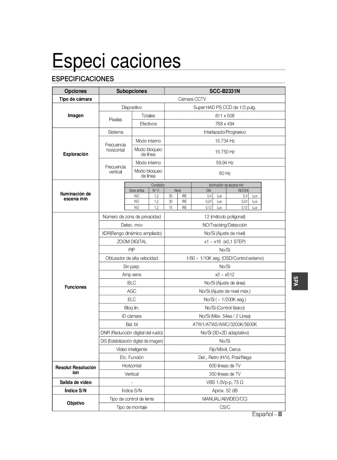 Samsung SCC-B1331BP, SCC-B1031P, SCC-B1331P, SCC-B1311P, SCC-B1031BP manual Especiﬁcaciones, Especificaciones, Opciones 