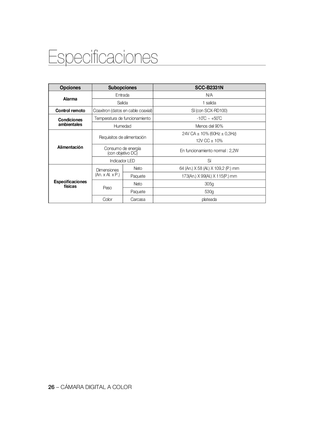 Samsung SCC-B1311P, SCC-B1031P, SCC-B1331P, SCC-B1331BP manual Opciones Subopciones SCC-B2331N, 26 Cámara Digital a Color 