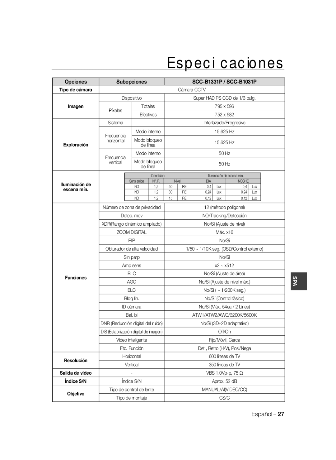 Samsung SCC-B1031BP, SCC-B1031P, SCC-B1331P, SCC-B1331BP, SCC-B1311P manual Especiﬁcaciones 