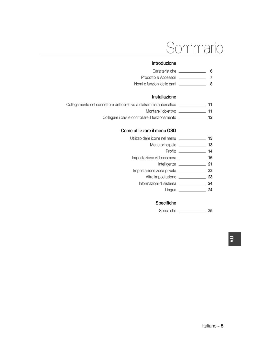 Samsung SCC-B1331P Sommario, Introduzione Caratteristiche, Installazione, Utilizzo delle icone nel menu, Lingua Speciﬁche 