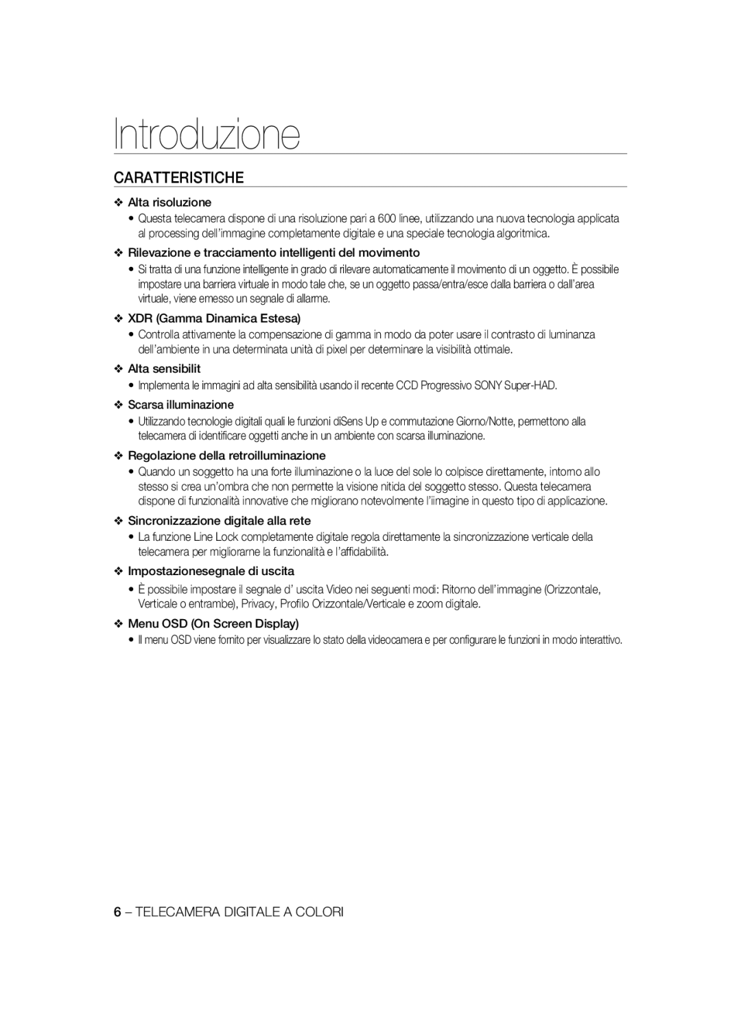 Samsung SCC-B1331BP, SCC-B1031P, SCC-B1331P, SCC-B1311P, SCC-B1031BP manual Introduzione, Caratteristiche 