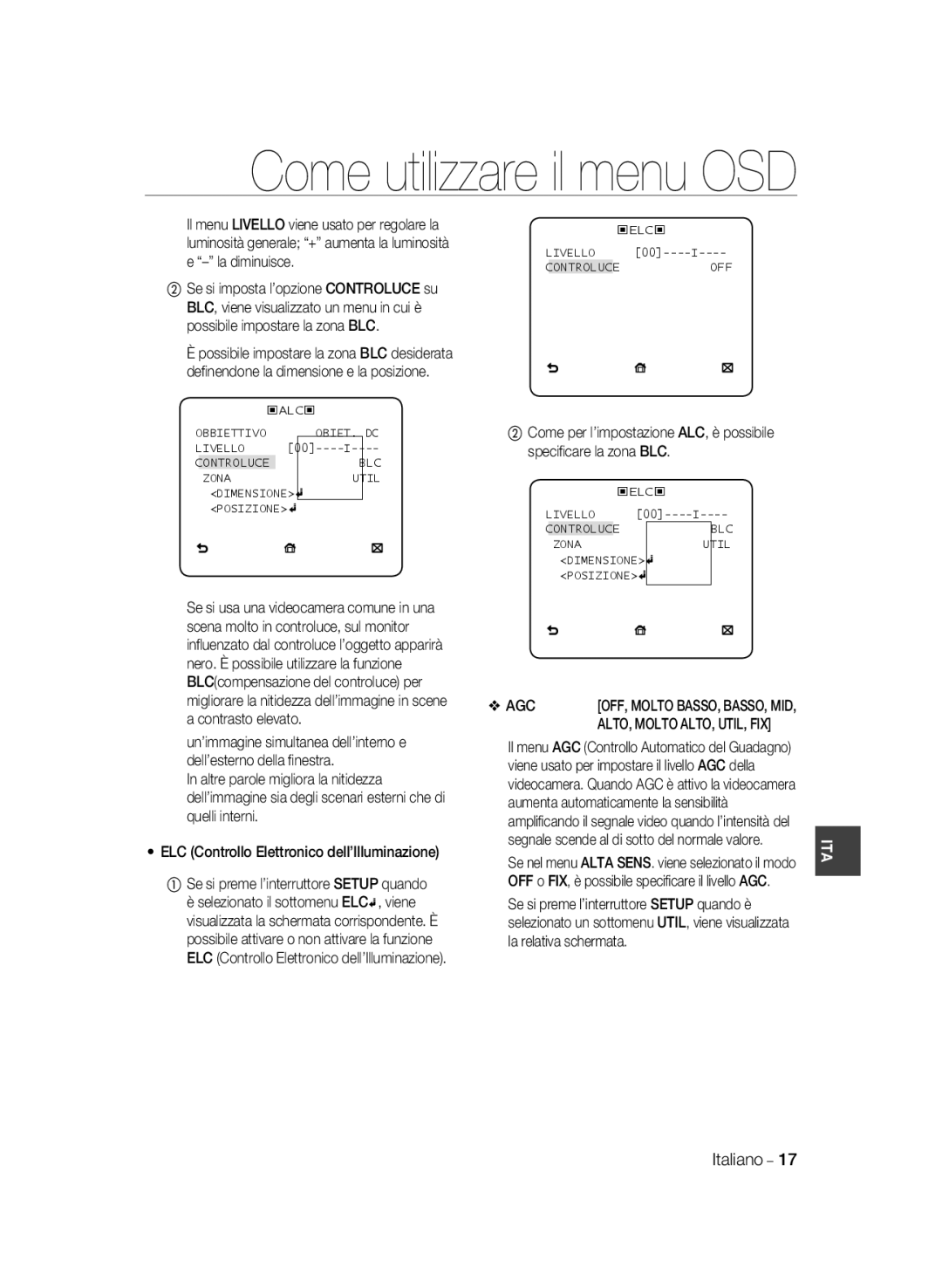 Samsung SCC-B1311P, SCC-B1031P, SCC-B1331P, SCC-B1331BP, SCC-B1031BP manual Agc, Aumenta automaticamente la sensibilità 