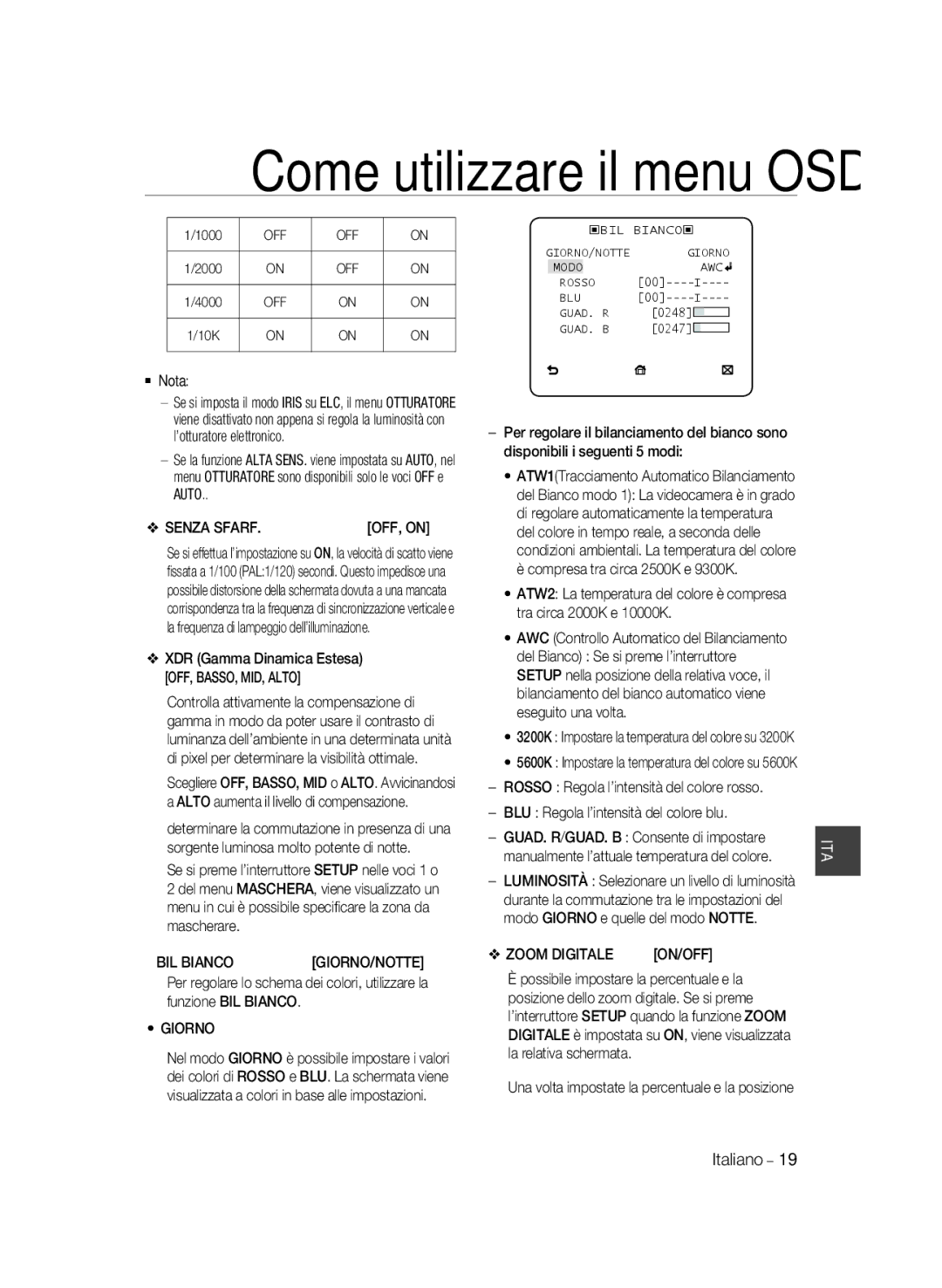 Samsung SCC-B1031P, SCC-B1331P, SCC-B1331BP, SCC-B1311P, SCC-B1031BP manual Senza Sfarf, BIL Bianco, Giorno, Zoom Digitale 