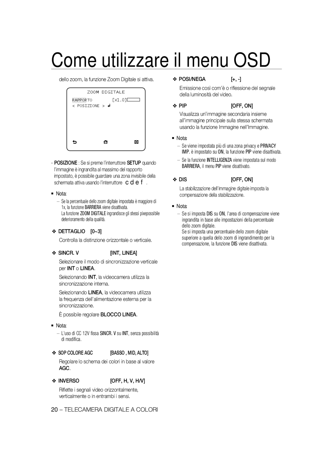 Samsung SCC-B1331P, SCC-B1031P, SCC-B1331BP, SCC-B1311P Dettaglio 0~3, Sincr, Per INT o Linea, SOP Colore AGC, AGC Inverso 