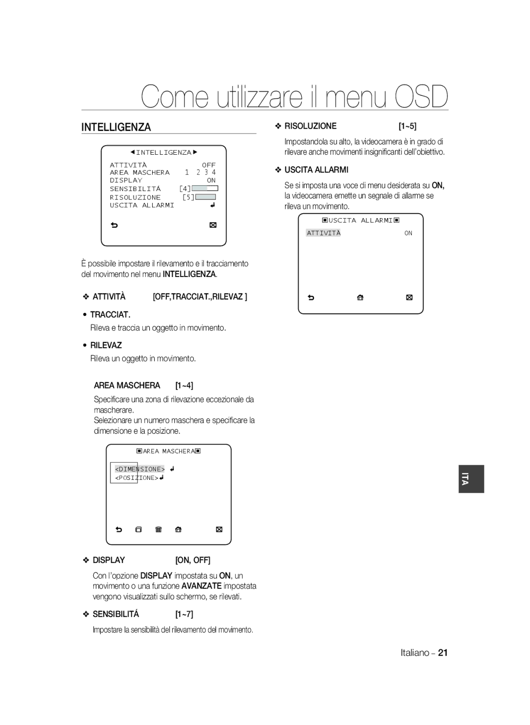 Samsung SCC-B1331BP, SCC-B1031P, SCC-B1331P, SCC-B1311P, SCC-B1031BP manual Intelligenza 