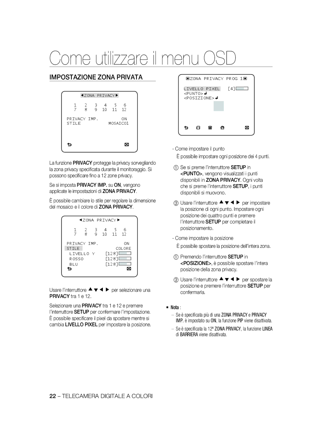 Samsung SCC-B1311P, SCC-B1031P, SCC-B1331P Impostazione Zona Privata, Come impostare il punto, Come impostare la posizione 