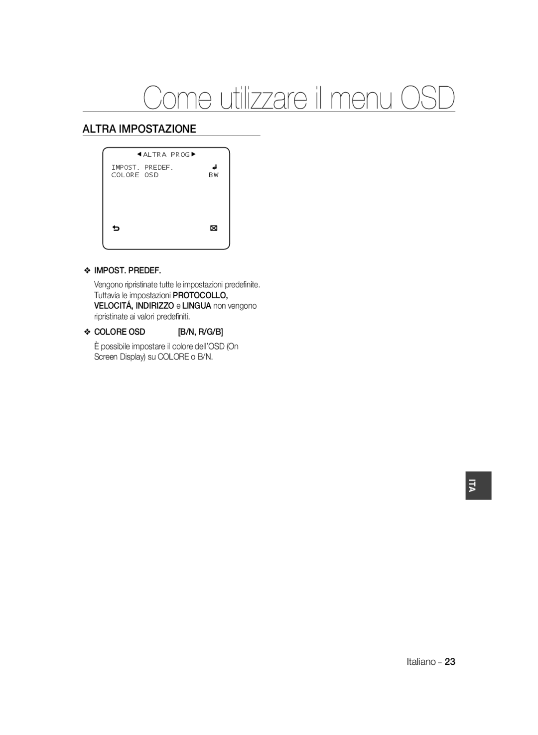 Samsung SCC-B1031BP, SCC-B1031P, SCC-B1331P, SCC-B1331BP, SCC-B1311P manual Altra Impostazione, IMPOST. Predef, Colore OSD 