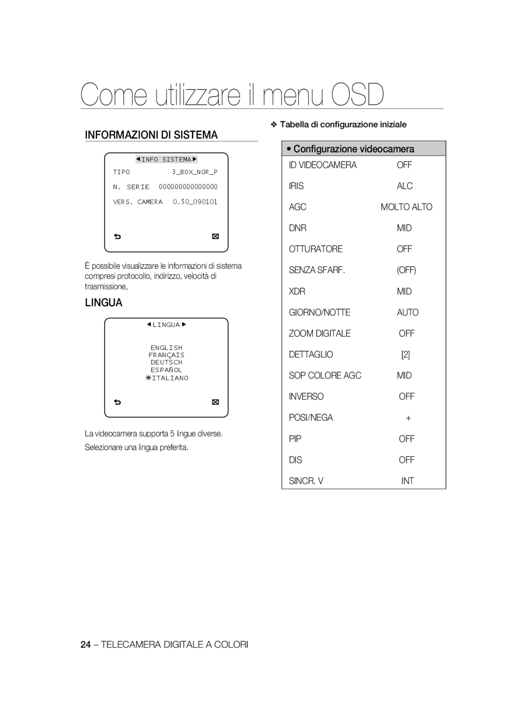 Samsung SCC-B1031P, SCC-B1331P, SCC-B1331BP, SCC-B1311P, SCC-B1031BP manual Informazioni DI Sistema, Lingua 