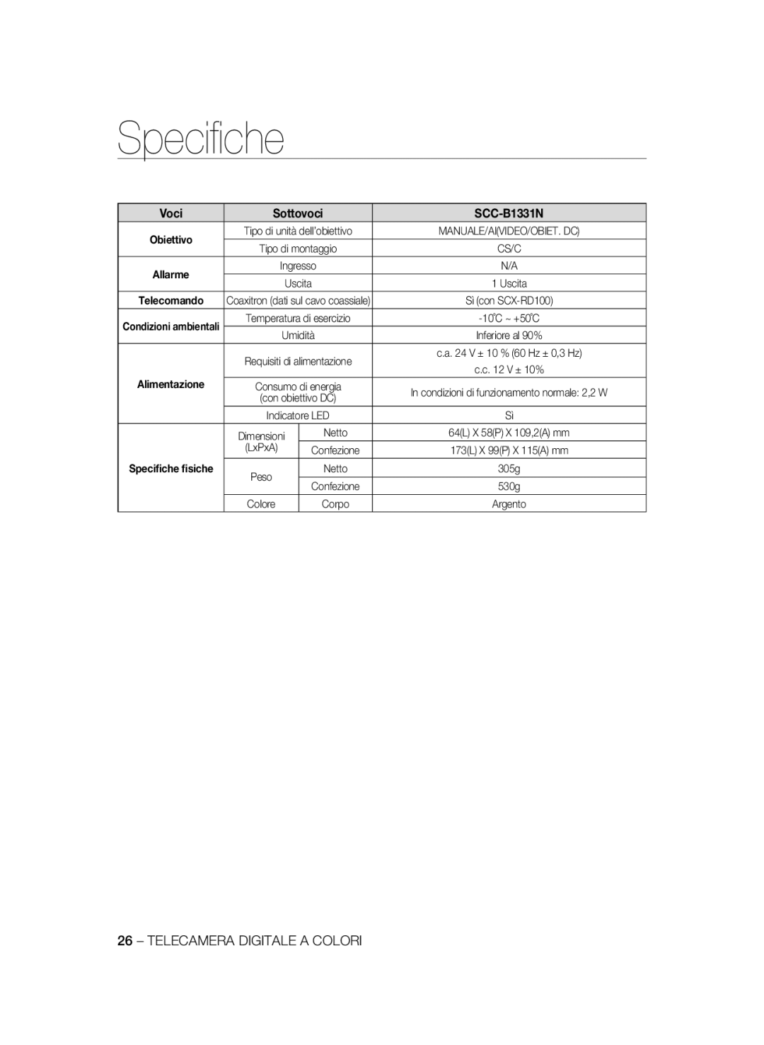 Samsung SCC-B1331BP, SCC-B1031P, SCC-B1331P, SCC-B1311P, SCC-B1031BP manual Speciﬁche ﬁsiche 